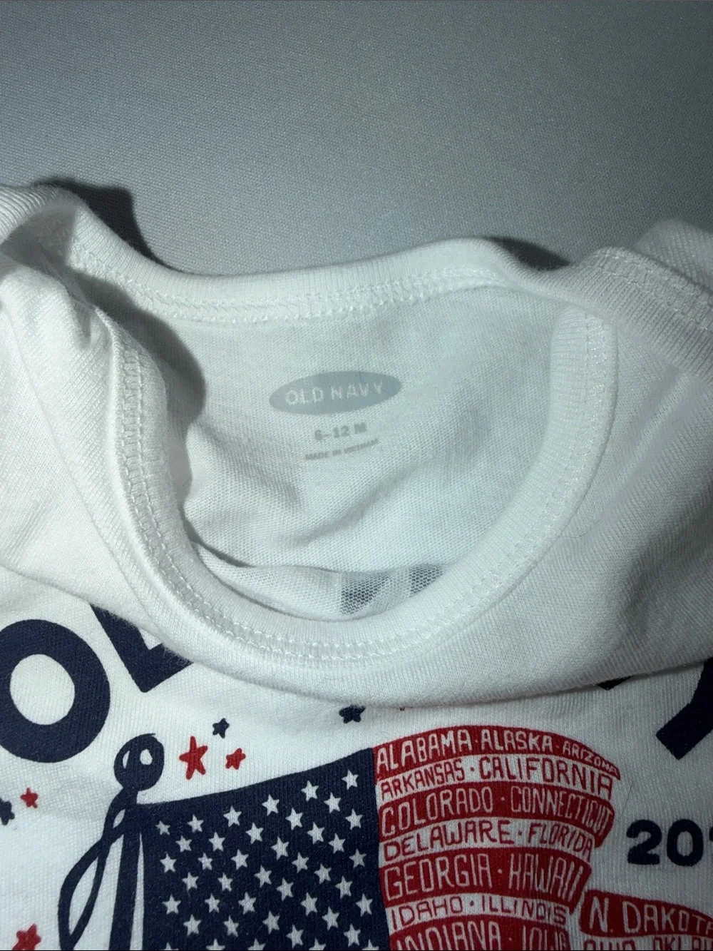 Old Navy White Baby One-Piece with Red and Navy Flag Graphic